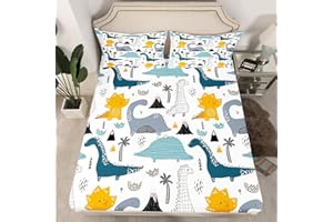 LOUSSIESD Juego de sábanas de Dinosaurio con Estampado de Dinosaurios de Dibujos Animados para niños y niñas, Juego de Ropa de Cama de Animales de Dibujos Animados Lindo decoración de Dinosaurio, sábana Bajera