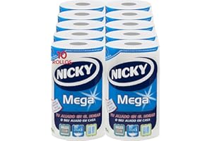 Nicky Mega Papel De Cocina | 10 Rollos | Hojas De 2 Capas, 125 Hojas Por Rollo | Mono Rollo Compacto Que Cunde Como 4 | Papel