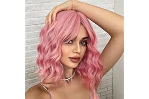 WOKESTAR Bob Lockige Perücke mit Fransen, Kurze Synthetische Gewellte Perücken für Frauen Hellrosa Farbe