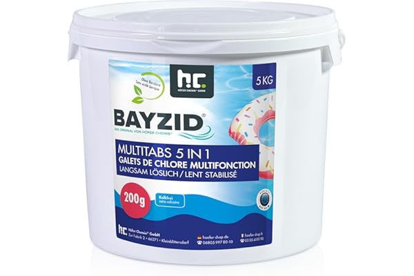 Höfer Chemie 5 kg Galets de Chlore (200g) Multifonction 5 en 1 pour Piscine - Entretien et Nettoyage en 5 Phases - Fabriqué en Europe - pour Une Eau Limpide