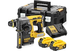 DEWALT Taladro Percutor SDS-Plus sin escobillas XR 18V de 24 mm con 2 baterías de 5Ah, cargador multi-voltaje XR y caja de herramientas resistente TSTAK, DCH273P2T-QW.