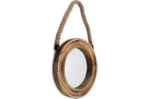 Funly mee Rustic Round Decorative Mirror with Solid Wood Frame&Rope Hanging,Farmhouse Antique Wall Decor (25x25CM)