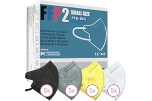 MEDICINADELLAVORO.COM 20 Mascarillas FFP2/KN95 Talla Pequeña Small Homologadas Certificación CE sin Válvula de 4 Capas, Máscara Protectora de Polvo, Mascarilla de Protección con Filtros de Calidad BFE≥95, 20 Piezas