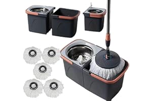 *NEW* SWISSPACK Revolving Spin Mop and Bucket With .5. Extra Pads Perfect For Easy Cleaning. Clean and Dirty Water Separtered For Perfect Finish (ORANGE-GREY) (ORANGE-GREY 2)