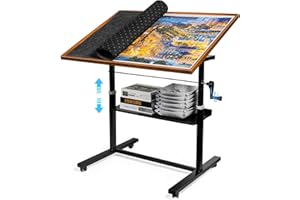 ikkle 1500 Pieces Jigsaw Puzzle Table with Legs, 91x66CM Adjustable Height Puzzle Board with Cover & 6 Sorter Tray, 12-Tilting-Angle Portable Wooden Puzzle Table for Adults, Enclosed with Wheels