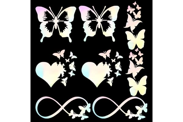 GORGECRAFT 8 feuilles Vinyle Papillon Voiture Décalcomanies Coloré Laser Réfléchissant Voiture Autocollant Papillon Infini, Coeur de Papillons, Amour, Autocollants D'Aile de Papillon pour Suv Camion