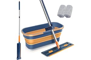 DYDHRER Mopa plana grande de microfibra/juego de fregona plana con cubo/fregona plana con función de escurridor/articulación giratoria de 360° para madera dura laminado/azulejos (2 almohadillas + 1