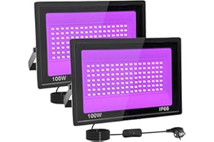 TKDAKSY 2 Pièces 100W Lumiere Noire LED, IP66 Etanche Projecteur lumière noire UV, 395-400 nm Projecteur lumière noire Avec interrupteur pour fête lumineuse, Halloween, Body Painting, Bar, Aquarium, Halloween