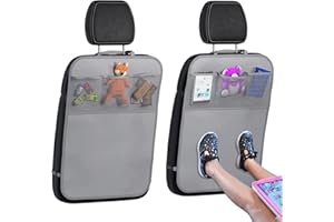 lebogner Back Seat Cover For Kids + 3 Pocket Storage Organizer, 2 Pack X-Large Multifunctional Kick Mats Backseat Protector, Car Seat Back Protectors For Vehicles To Protect From Dirt & Scuffs, Grey