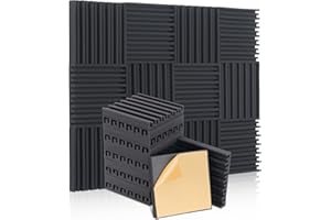 HERTBER - 24 Stück Akustikpaneele Selbstklebend Wandpaneele Schwarz Gerillte Akustikschaumstoff 12 x 12 x 2 Zoll Akustikplatten Hohe Dichte Schalldämmung Selbstklebend für gaming zimmer und büro...
