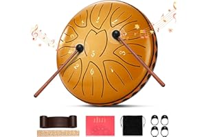 Tambour de Langue en Acier, Couleeur 6 Pouces 11 Tons C Clé Steel Tongue Drum Mini Tambour Handpan Avec Sac, Maillets et Médiators, Instrument de Percussion Idéal Pour Camping, Yoga, Méditation (Or)