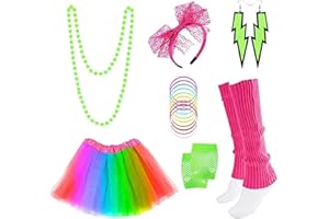 shengo 1980s Party Costume Accessories Set, 80s Fancy Dress for Women Girls, Tutu Skirts Lace Headband Earrings Fishnet Gloves Leg Warmers Neon Necklace Bracelet, Retro Outfit for 80s Party