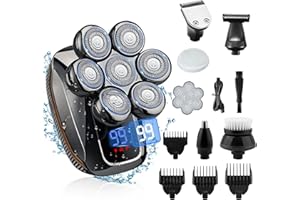 RUSHMORE ROSE USA Rasoio Testa Calva, Rasoio Elettrico Barba 6 in 1 Regolabarba Uomo, Rasoio Elettrico Corpo Uomo con 7 Testine Rotanti, Rasoio Testa IPX7 Impermeabile, per Capelli Barba Naso Orecchie e Viso Pulito