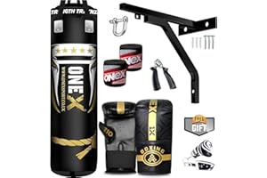 ONEX 17 Pieces Punch Bag Boxing Training Heavy Filled 5FT Boxing Set Punch Bag Gloves Ceiling Hook or Wall Mounted Bracket With Straps Training MMA Punching Bags (5FT WALL BRACKET SET)