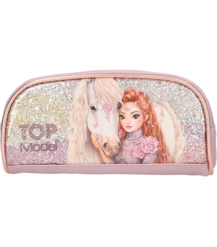 Depesche Topmodel, 12786, 3-voudige etui in mintgroen, met panda-applicatie, bladpatroon, etui met kleurpotloden, liniaal, schaar enz., roze
