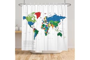 SDOTPMT 180x180cm Mapa del Mundo Cortina de Ducha Coloreada Mapa del Mundo Niños Educativo Tema Países Ciudades Cortina de baño Blanco Cortina bañera para Baño Poliéster con Ganchos