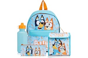 Bluey Backpack 4 Piece School Set with Lunch Bag, Water Bottle & Pencil Case | Boys School Bag with Kangaroo Pocket & Mesh Side | for Ages 2 to 7 Years