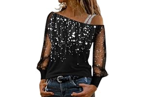 CHENSIYU Glitzer Oberteile Damen Sexy, Lässig Pailletten Oberteile Sexy Tshirt Netz Langarm Einfarbig Shirt Rundhals Bluse Frauen Sommer Party Tunika Tops