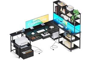 Coleshome Biurko narożne z 5 szufladami i 4 półkami, 200 x 110 x 154,2 cm, biurko w kształcie litery L, z diodami LED, gniazdkami i USB, duże biurko do domowego biura, czarne