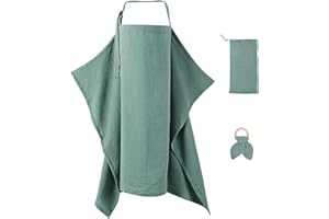 AHRLIC Breathable Cotton Nursing Cover for Baby Breastfeeding & Pumping - Muslin Apron with Adjustable Strap, Wooden Teether & Bag - Lightweight Portable Nursing Scarf for Moms - Olive Green