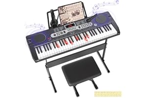 Newfulam Keyboard Piano 61 Tasten für Anfänger, Digital Keyboard Kinder E-Piano Kit mit Notenaufkleber, Klavierbank, Kopfhörer, Mikrofon, Klavierständer, Lehrmodus