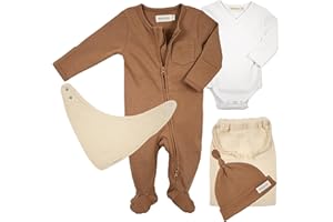 BEBICCO - Kit Naissance Bebe - Premium - 100% Coton Bio de Haute qualité (certifié GOTS) - 0-3 mois - Pyjama et Body avec Gants intégrés - Bonnet - Bavoir et Ponchon de Rangement.
