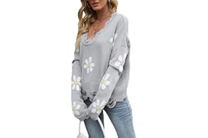 tinetill Pull Tricoté Femme Pull Court Déchiré à Manches Longues Col en V Pull Ample en Maille Fine Y2K Pull Tricoté avec Pompons à Motif Floral Streetwear