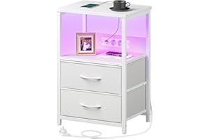 ‎ROLANSTAR Rolanstar Nachttisch mit Ladefunktion, Beistelltisch mit 2 Stoffschubladen & 3-stufiger Aufbewahrungs, Nachtschrank aus Holz für Schlafzimmer, weiß, 40 x 30 x 60 cm