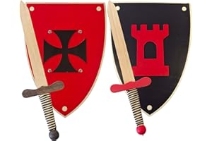 GERILEO Pack of 2 Handmade Wooden Knight Sword and Shield - Toy for Kids, Boys and Girls - Complement for Games, Imitation Games, Costume, Medieval, Warrior, Theme Party, Middle Ages (Red + Black)