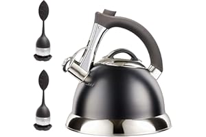 Bouilloire sifflante avec poignée iCool, théière chirurgicale en acier inoxydable pour toutes les cuisinières, 2 infuseurs GRATUITS inclus, 3 litres par Pykal (Noir)