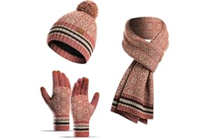 YULOONG Winter Beanie Mütze Schal Touchscreen Handschuhe 3 in 1 Set für Damen Rippstrick