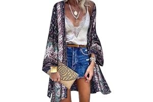 Svanco Mujer Cárdigan Gasa Vestido de Playa Floral Kaftan Bohemia Pareos y Camisola Manga Larga Kimono Largo Traje de Baño Bikini Cover up Verano