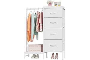 OYRREU 111cm Tall Chest of Drawers for Bedroom, 4 Fabric Drawer Small Dresser White Storage Unit for Hallway Living Room Entryway, Reversible Closet Storage with Clothes Rail, for Kids Adults Gift