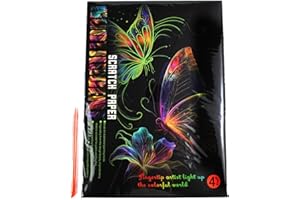 Pracht Creatives Hobby - Kratzbild Schmetterling mit Kratzstift, 4 Stück, Leuchtet im Dunkeln, Größe ca. 28,5 x 21 cm, Kratzbilder für Kinder und Erwachsene