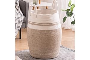 YOUDENOVA Kosz na pranie, pleciony, do przechowywania zabawek, kosz do przechowywania z uchwytem, wykonany ręcznie z bawełny (105 l, brązowe paski)