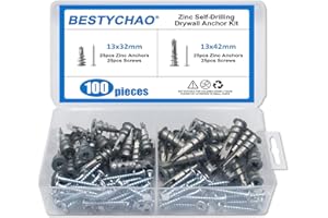 BESTYCHAO 100pcs 2 tailles Ancrages pour cloisons sèches en zinc Ancres murales creuses auto-perceuses avec kit d'assortiment de vis