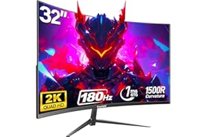 Gawfolk 2K 180Hz Curved Monitor, 32 Inch QHD 2560x1440p Gaming Screen with FreeSync, Flicker-Free, 2X HDMI 2.0, DP 1.4, Ultra-Thin Frameless 1500R PC Monitor