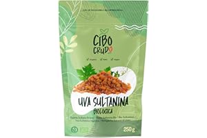CIBO CRUDO CRUDO BIOLOGICO VEGAN Uvetta Sultanina Bio - 250g. Uva Sultanina Essiccata e Cruda. Uva Passa Disidratata Senza Zuccheri Aggiunti da Consumare con Snack o in Dolci.