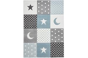 LUX Rugs Blue Moons & Stars Square Design Childrens Floor Rug 60cm x 120cm | 100% Polypropylene | Heat Set Yarn | Soft Pile | Highly Durable | Kids Mat