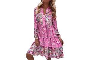 GENERIC Sommerkleid Damen Knielang Elegant Boho Blumenkleid Sommerkleid Strandkleider Midi Kurz Sommer Tunika Kleider Leicht Knielang Blusenkleid Mode Freizeitkleider Tunikakleid Luftige Carmen Stufenkleid