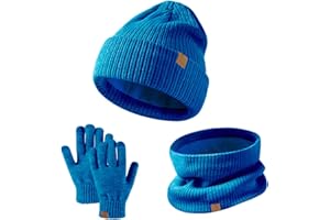 GWAWG Kids Winter Hat Scarf Gloves Set 3 PCS Warm Thermal Knitted Beanie Cap Snood Neck Warmer Touchscreen Mitten Soft Fleece Lining Elastic for Children Aged 5-12 Outdoor Sports