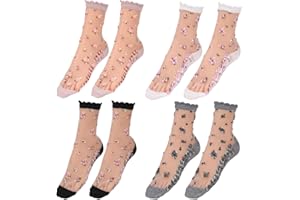 KALIONE 4 pary damskich przezroczystych koronkowych skarpet do kostek kwiatowy kwiat przezroczyste skarpetki letnie fantazyjne skarpetki z siatki dla dziewcząt kobiet, Przezroczysty, 44.5 EU