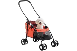 PawHut Carrito para Perros Plegable Cochecito para Mascotas Cochecito para Perros Pequeños con Ventanas de Malla Cojín Lavable Correas de Seguridad y Marco de Acero Carga 10 kg Rojo