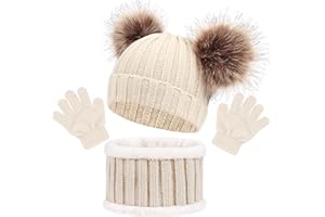 BAYNETIN Conjunto de Bufanda y Gorro Guantes 3 Piezas para Niños de 1 a 6 Años, Invierno Lindo Guantes Cálido Bufanda Punto Beanie Gorros con Pompon, Mantener Caliente Accesorios para Niña-Niño