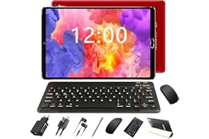 GOODTEL Tablette 10 Pouces Android 4Go RAM + 64Go ROM avec 8 Cœurs | Batterie 8000mAh | Double Caméra 5+8MP | Bluetooth | WiFi | OTG | MicroSD 4-256 Go, avec Cas, Clavier et Souris - Rouge