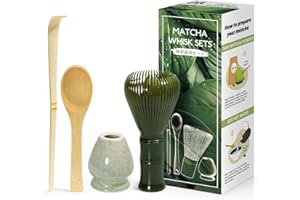 KURKIP Kit da Cerimonia giapponese Matcha 4 Pezzi, Frusta Matcha Verde in Resinoso, Cucchiaio in Bambù, Paletta in Bambù, Porta Frullino, Matcha Set per la bevanda - Verde Matcha