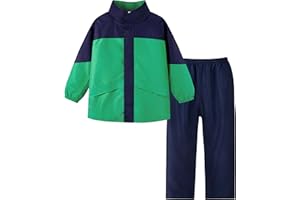 Volunboy Kids Waterproof Suit, Hooded Raincoat Jacket and Trousers Set Puddle Suit with Zip for Boys Girls 8-14 Years