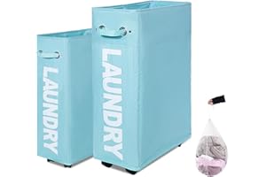Caroeas Panier à Linge 70L avec Roulettes, Pliable et Étroit, Grande Capacité, Bac de Rangement sur Roues pour Petit Espace，Bleu clair