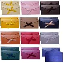 12 Farbige Umschläge Mit Bändern – 22x11 Cm, Kraftpapier & Perlenpapier, Für Karten & DIY