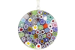 Glass Of Venice Murano Glass Millefiori Pendant Necklace Multicolor in Silver Frame 1-1/2 inch For Women Handmade In Venice, Italy
